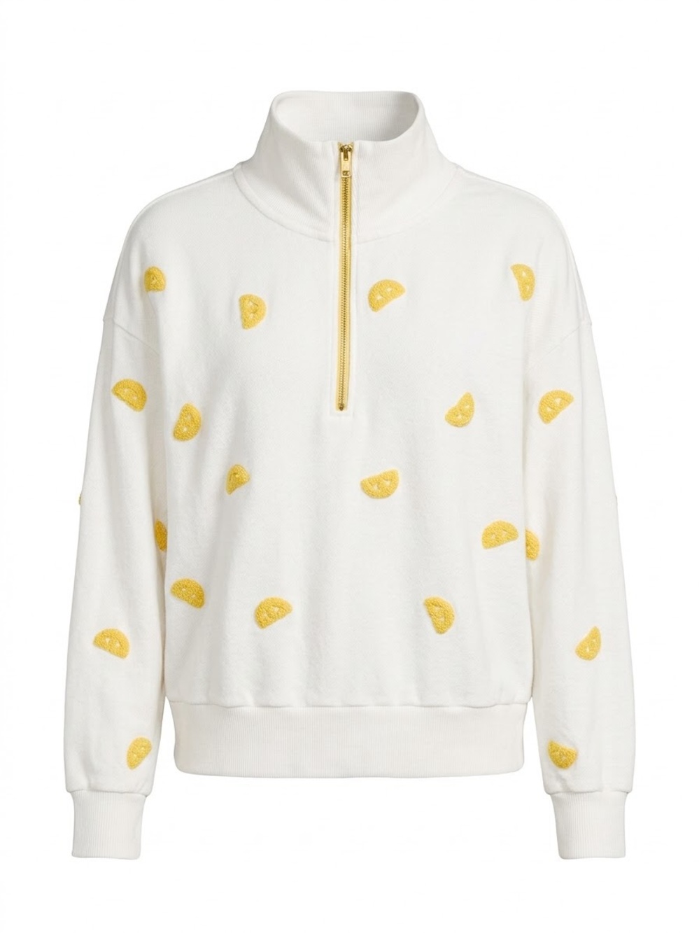 Lou & Grey White Lemon Embroidered Quarter Zip Sweatshirt Pullover Small Preppy